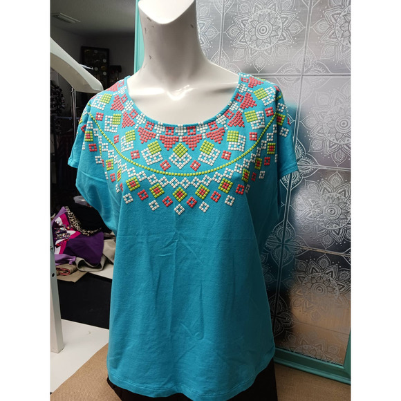 Hearts of Palm Multicolor embellishments Women's top Petite L - Picture 2 of 7